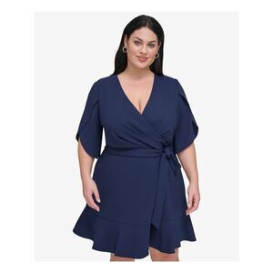 DKNY Womens Navy Tie-belt Flounce Hem Tulip Sleeve Fit + Flare Dress Plus 20W